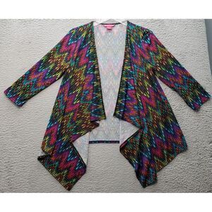 Sunny Leigh Cardigan Womens Small Multi‎ Geo Print Stretch 3/4 Sleeve Open Front